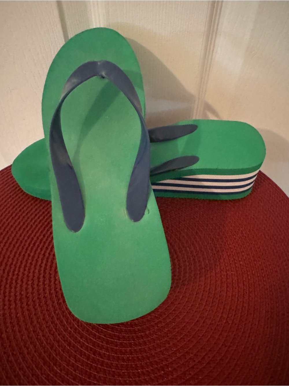 Green Platform Flip Flop Sandals with Navy Straps